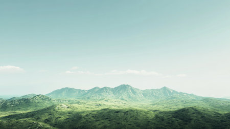 Flat lay of a green mountain range under a clear sky, with ample space for copy, ideal for environmental, adventure, or travel-themed campaigns.の素材