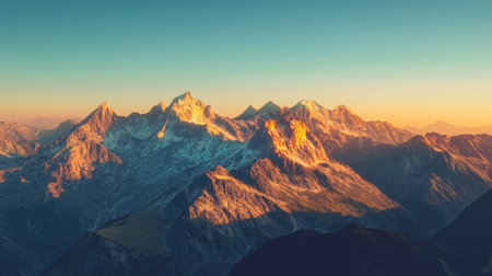 Flat lay of a mountain top view at sunrise, with golden light illuminating the peaks and a deep blue sky stretching above.の素材