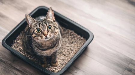 Flat lay of a litter box with a cat about to enter, with a clean and spacious background providing plenty of room for copy or advertising.の素材