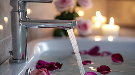 Flat lay of an elegant bathroom tap with water pouring into a bathtub, surrounded by candles and rose petals for a spa-like atmosphere.の素材