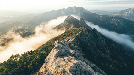 Flat lay of a rocky mountain peak with mist rolling through the valley below, with plenty of empty sky above for copy space, perfect for nature-themed designs.の素材