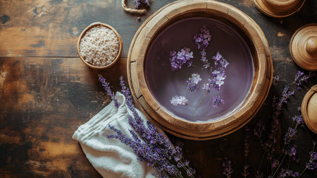 Flat lay of a rustic wooden bath pot filled with warm water, lavender flowers, and a towel draped over the side, creating a cozy spa-like atmosphereの素材