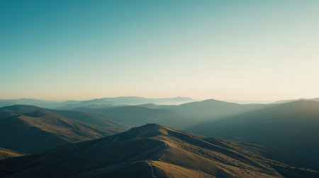 Flat lay of a peaceful mountain ridge at sunrise, with ample sky for copy space, creating a dramatic and inspiring natural scene. -の素材