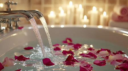 Flat lay of an elegant bathroom tap with water pouring into a bathtub, surrounded by candles and rose petals for a spa-like atmosphere.の素材
