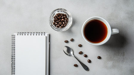 Flat lay of an Americano coffee next to a glass of water, with coffee beans, a spoon, and a notebook placed on a light grey table.の素材