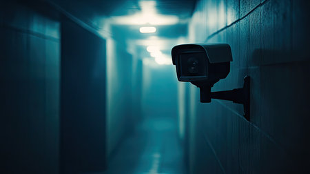 Flat lay of a security camera aimed down a hallway, with the background blurred and ample space for text or logos.の素材