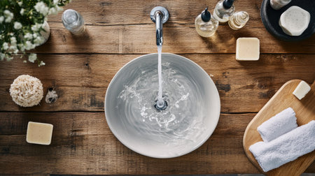Flat lay of a tap with water splashing into a sink, creating dynamic ripples, surrounded by soap and hand towels on a wooden counter.の素材