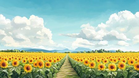Flat lay of a sunflower field with rows of flowers and an empty sky above, perfect for adding promotional text or logosの素材
