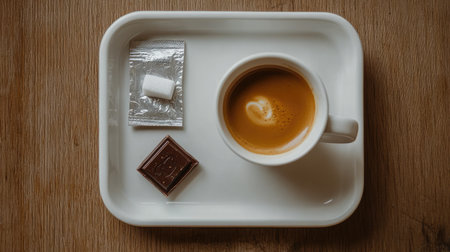 Flat lay of an espresso with sparkling water, accompanied by a small chocolate square and a sugar packet on a white ceramic tray.の素材