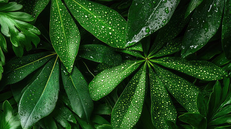 Flat lay of a tropical plant with water droplets scattered on the leaves, with the top half of the image open for text or logos.の素材