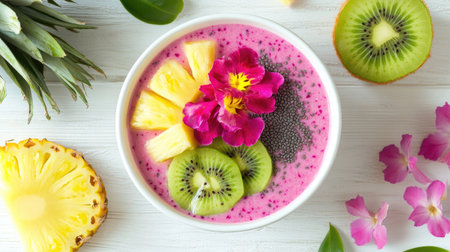 Flat lay of a tropical smoothie bowl with dragon fruit, kiwi, and pineapple slices, garnished with edible flowers, on a white wooden surface.の素材