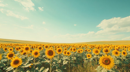 Flat lay of a sunflower field with a clean, empty sky above, ideal for adding text or branding on the top portion of the image.の素材