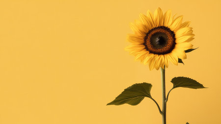 Flat lay of a single sunflower with a neutral background, providing generous space on one side for copy or brandingの素材