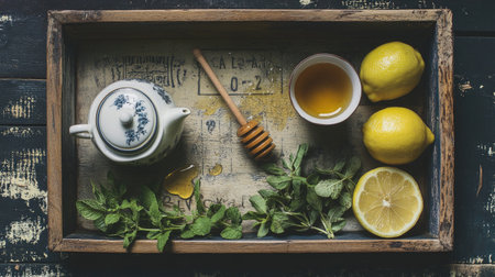 Flat lay of a tray with a teapot and teacup, surrounded by fresh herbs, a honey dipper, and lemon slices, creating a relaxing atmosphere.の素材