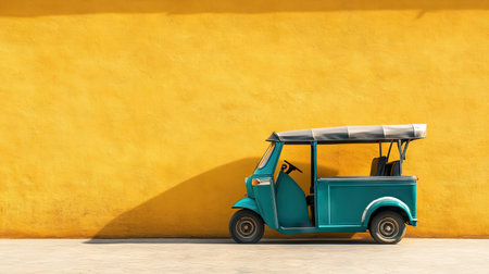Flat lay of a tuk tuk with its unique design and a neutral background, offering plenty of room for adding text or branding.の素材