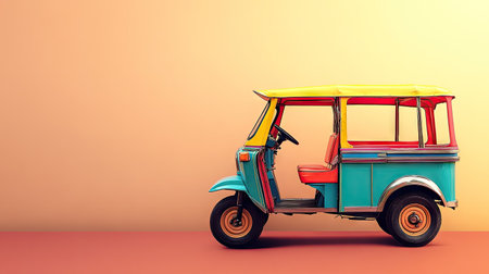 Flat lay of a tuk tuk with its colorful design against a soft-focus background, offering plenty of room for adding text or branding.の素材