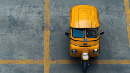 Flat lay of a tuk tuk with an empty road or background, providing plenty of space around it for text or branding.の素材