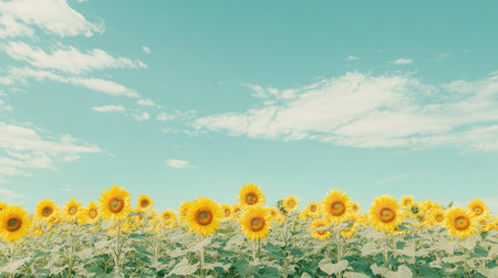 Flat lay of a sunflower field with a clean, empty sky above, ideal for adding text or branding on the top portion of the image.の素材