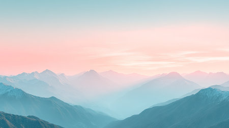 Flat lay of a sunrise over the mountains, with soft pink and blue hues in the sky and plenty of room for copy space above the peaks.の素材