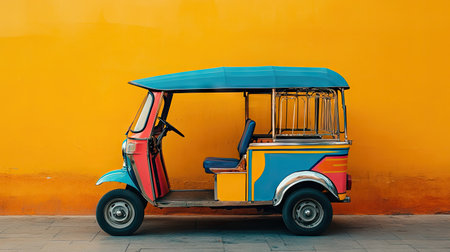 Flat lay of a tuk tuk with its colorful design against a soft-focus background, offering plenty of room for adding text or branding.の素材