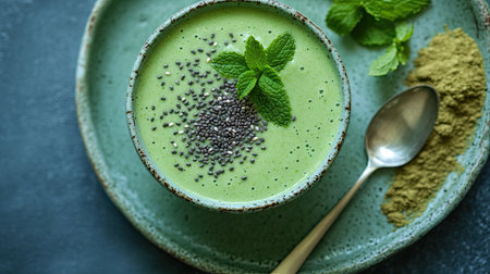 Flat lay of a vibrant matcha smoothie, garnished with fresh mint and chia seeds, placed on a green ceramic plate with matcha powder on the side.の素材