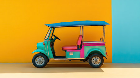 Flat lay of a tuk tuk with its vibrant colors, against a clean background, ideal for adding promotional text or branding.の素材