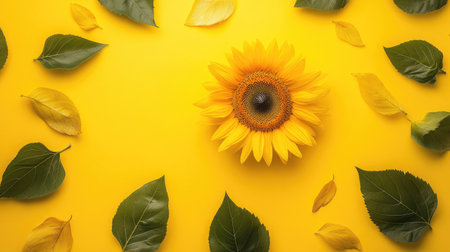 Flat lay of a sunflower with a large open area around it, ideal for adding text or logos for promotional purposes.の素材
