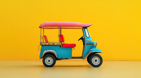Flat lay of a tuk tuk with its vibrant colors, against a clean background, ideal for adding promotional text or branding.の素材