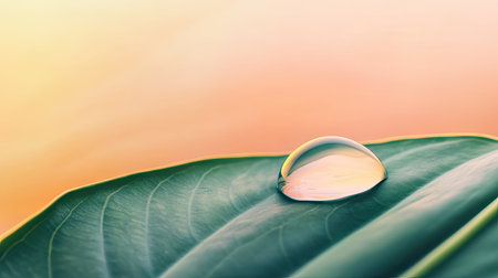 Flat lay of a water droplet on a large leaf, with a soft gradient background and ample space for copy or branding.の素材