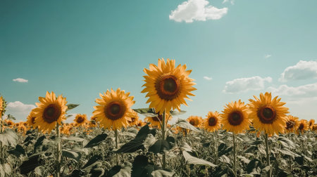 Flat lay of sunflowers with a vast field and a clean background sky, ideal for adding copy or branding at the top.の素材