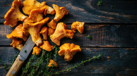 Freshly picked chanterelle mushrooms, arranged on a dark wooden table with a few sprigs of thyme and a small knife.の素材