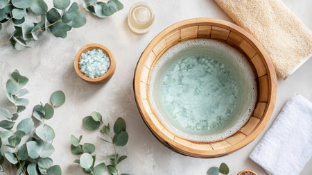 Flat lay of a wooden bath pot with water and a towel neatly folded beside it, surrounded by eucalyptus branches and bath salts.の素材