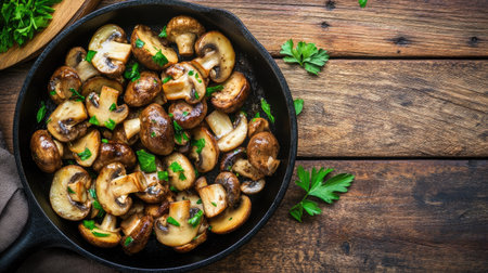 Freshly sauted mushrooms with garlic and parsley, served in a cast-iron skillet on a rustic wooden table. -の素材