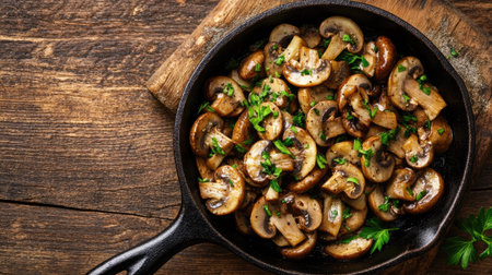 Freshly sauted mushrooms with garlic and parsley, served in a cast-iron skillet on a rustic wooden table. -の素材
