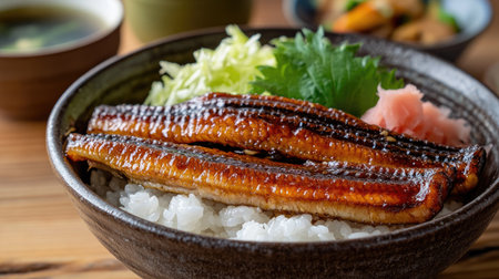 Grilled unagi (Japanese eel) coated in sweet soy sauce, served on top of a bowl of steamed rice with green tea and a small salad in the backgroundの素材