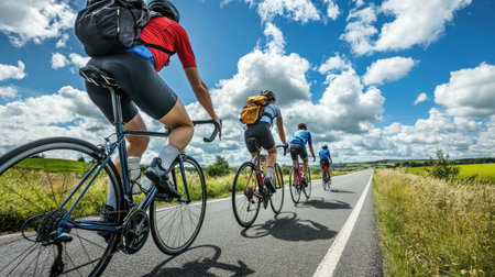 Group of cyclists biking together on a rural road, with open fields and sky for text.の素材