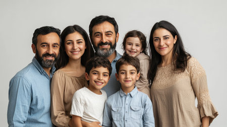 Group family photo in matching outfits, standing in front of a blank background for copy space.の素材