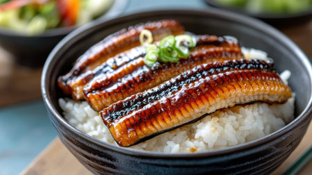 Grilled unagi (Japanese eel) coated in sweet soy sauce, served on top of a bowl of steamed rice with green tea and a small salad in the backgroundの素材