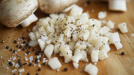 Freshly chopped white mushrooms and a few whole ones, arranged on a wooden cutting board with a sprinkle of black pepper.の素材