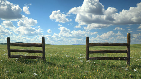Grassy field with a rustic fence in the foreground, leaving a large portion of the sky free for copy.の素材