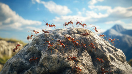 Group of ants on a rock in the wild, with a large empty sky area above for text.の素材