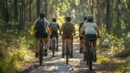 Group of friends biking on a nature trail, with room for copy in the trees and sky.の素材