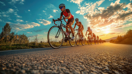 Group of cyclists biking together on a rural road, with open fields and sky for text.の素材