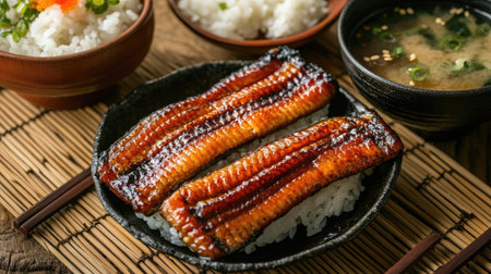 High-angle view of grilled eel fillets with a side of rice and miso soup, placed on a bamboo mat with chopsticks nearby.の素材