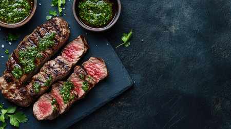 Grilled steak served with chimichurri sauce, shot from above, with clean copy space on the side.の素材