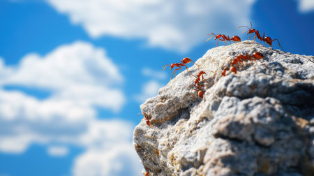 Group of ants on a rock in the wild, with a large empty sky area above for text.の素材