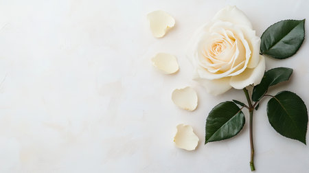 Flat lay of a white rose with its petals elegantly spread out, against a soft background, providing ample space for text or logos.の素材