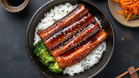 Grilled eel fillet in glossy teriyaki sauce, artfully plated with rice and vegetables on traditional Japanese serving ware, seen from above.の素材