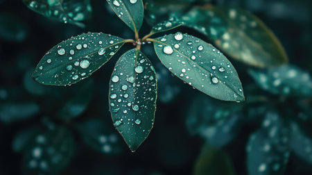 Flat lay of raindrops on a delicate leaf, with a soft-focus background and plenty of room for copy, ideal for nature-themed designs or advertisements. -の素材