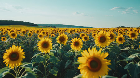 Flat lay of sunflowers with a vast field and a clean background sky, ideal for adding copy or branding at the top.の素材